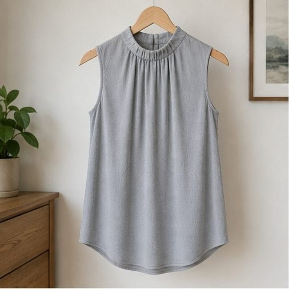 Gray Pleated High Neck Blouse